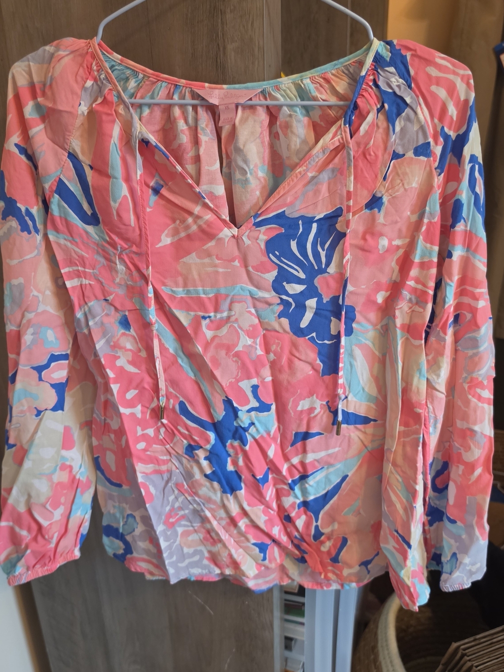 Lilly Pulitzer Coral & Blue Floral V-Neck Blouse